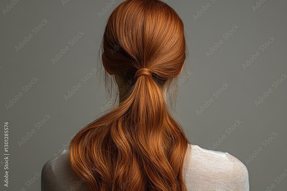Fototapeta premium Woman with long red hair styled in a ponytail, natural setting