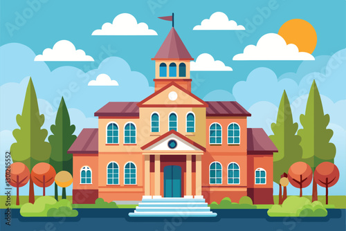 A vibrant orphanage design showcases an inviting structure with a flag atop, amid lush trees and a sunny backdrop, Orphanage Customizable Semi Flat Illustration