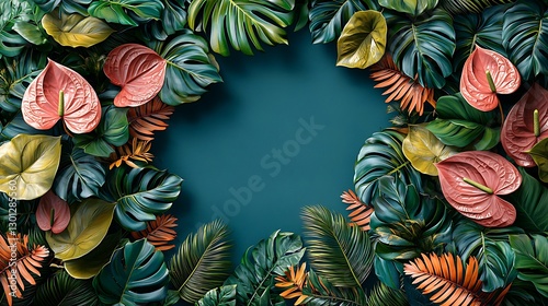 Tropical leaves frame, teal backdrop