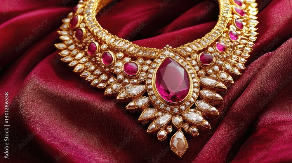 Fototapeta premium A lavish gold necklace with gemstone embellishments on a metallic gold fabric.