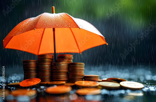 Wallpaper Mural Orange umbrella protects coin stacks from rain, financial protection. Investment security, wealth, economy stability. Safety planning for retirement in future. Growth asset, prosperity insurance Torontodigital.ca