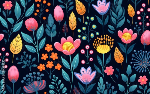 Wallpaper Mural Abstract colorful seamless pattern with flowers on black background Torontodigital.ca