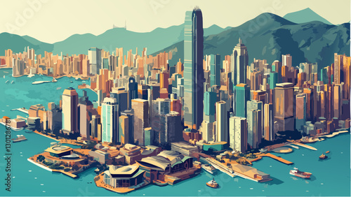 Hong Kong Cityscape in Isometric- Urban Energy by the Sea