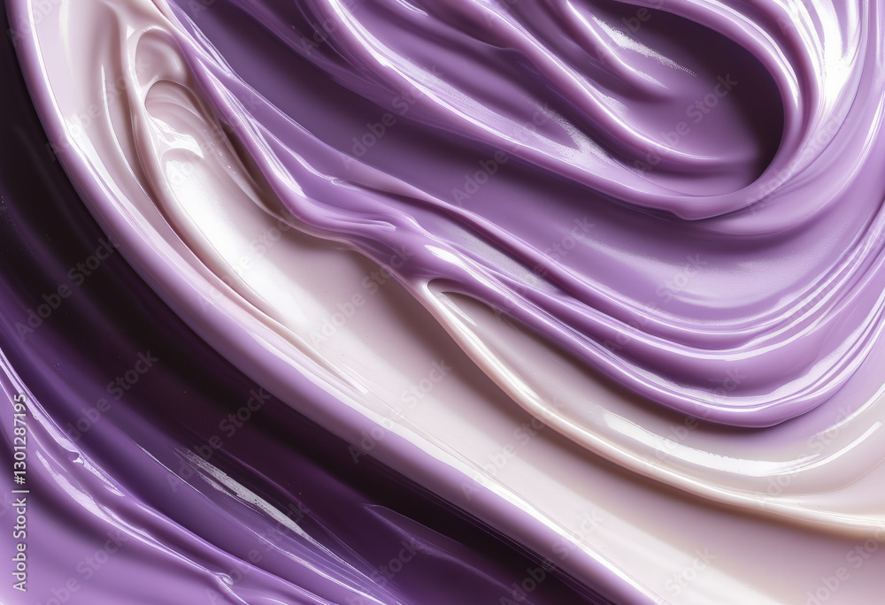 Obraz premium Abstraktes, glänzendes Muster in fließenden Lavendel- und Cremefarben mit weichen Wellen und geschwungenen Linien. Modern und elegant. Generative KI.