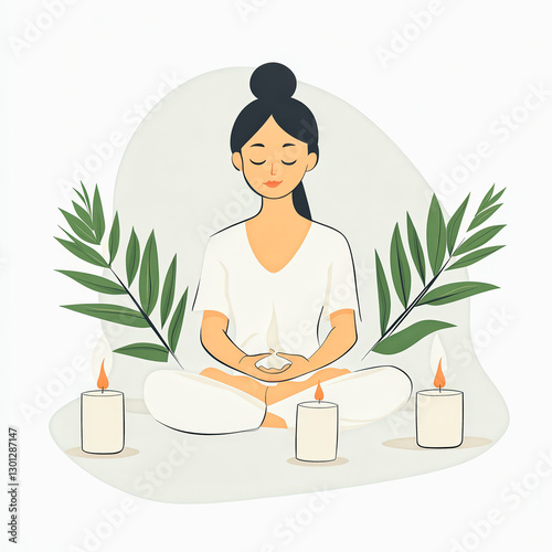 A woman is sitting in a lotus position with candles in front of her