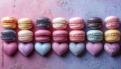 Colorful macarons & hearts on textured background