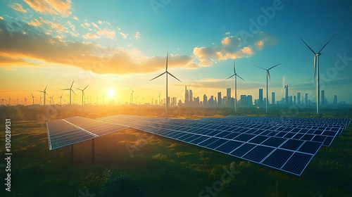 Fototapeta Naklejka Na Ścianę i Meble -  Futuristic AI-controlled renewable energy grids distributing solar and wind power: A clean-energy city where AI manages every aspect of power distribution.