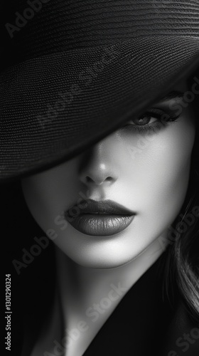 Portrait of an elegant woman wearing a black wide-brimmed hat. Woman in vintage black and white photography with charming look.