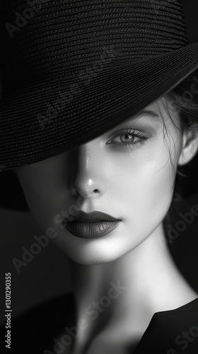 Portrait of an elegant woman wearing a black wide-brimmed hat. Woman in vintage black and white photography with charming look.