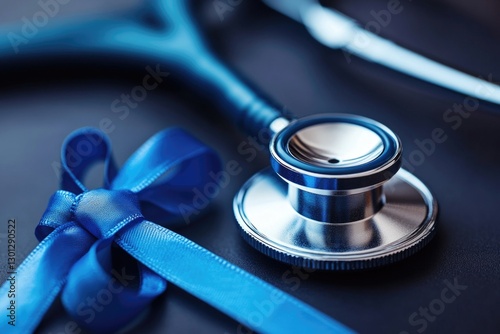 A blue ribbon and a stethoscope sit on a table, ready for medical use