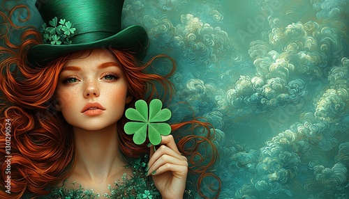 Redhead Leprechaun Girl, Clover, Cloudscape