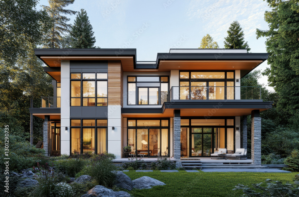 Fototapeta premium A sleek two-story house featuring expansive windows, nestled among trees, showcasing contemporary architecture in a tranquil environment