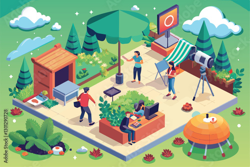 A lively outdoor setting showcases various activities, including modeling, gardening, and equipment setup, Outdoor photoshoot Customizable Isometric Illustration
