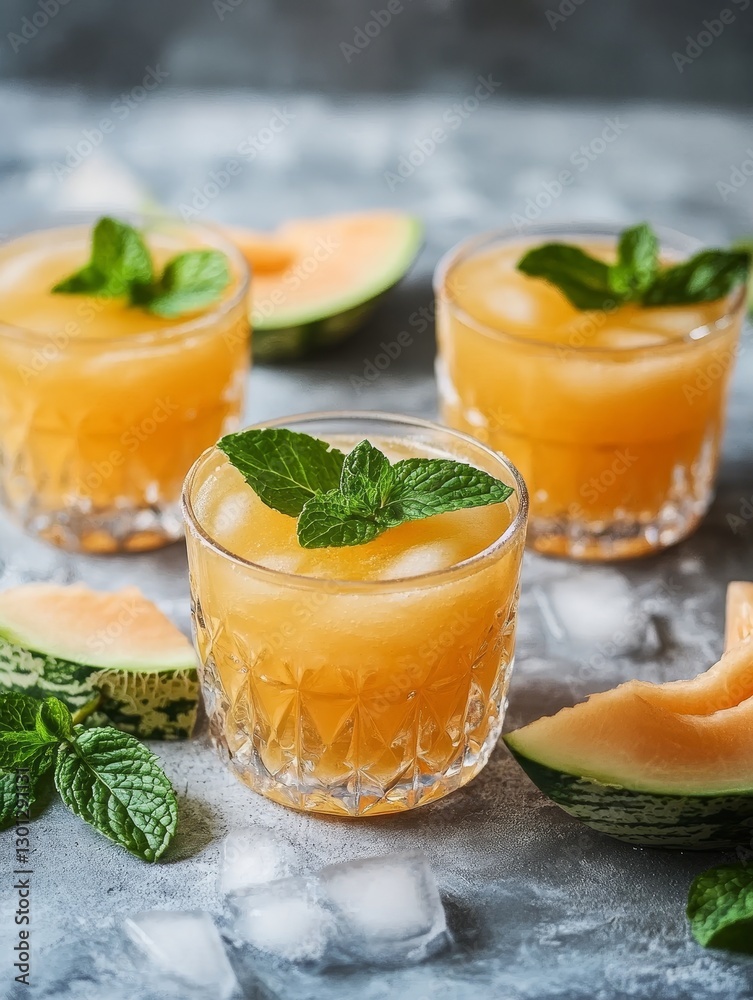 Refreshing Melon Mint Juice in Stylish Glasses - Cool and refreshing melon mint juice, perfect for summer. Symbolizes: hydration, refreshment, vitality, summer, and relaxation Refreshing Melon Mint Juice in Stylish Glasses - Cool and refreshing melon mint juice, perfect for summer. Symbolizes: hydration, refreshment, vitality, summer, and relaxation