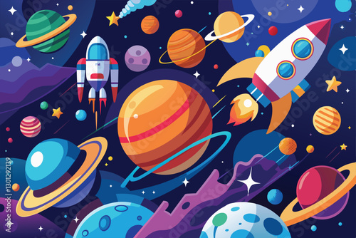 Explore a vibrant outer space scene filled with unique planets, a rocket, and swirling stars against a dark backdrop, Outer space Customizable Disproportionate Illustration
