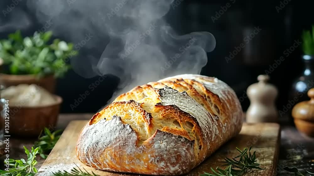Freshly baked artisanal bread loaf on a wooden board with herbs and steam rising, cozy kitchen