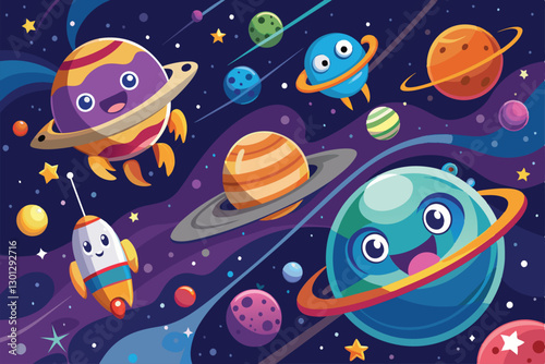 Adorable cartoon planets and a rocket happily coexist in a vibrant outer space setting, Outer space Customizable Cartoon Illustration