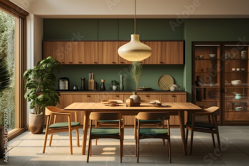 Modern living room with dining room. Dining room interior. 3D rendering of a dining area in modern kitchen