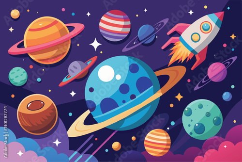 A vibrant depiction of planets and a rocket soaring through outer space, showcasing cosmic wonder and exploration, Outer space Customizable Flat Illustration