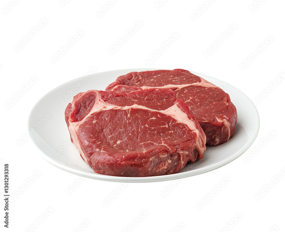 Fresh Raw Beef Steaks on a White Plate Isolated on Transparent Background Fresh Raw Beef Steaks on a White Plate Isolated on Transparent Background