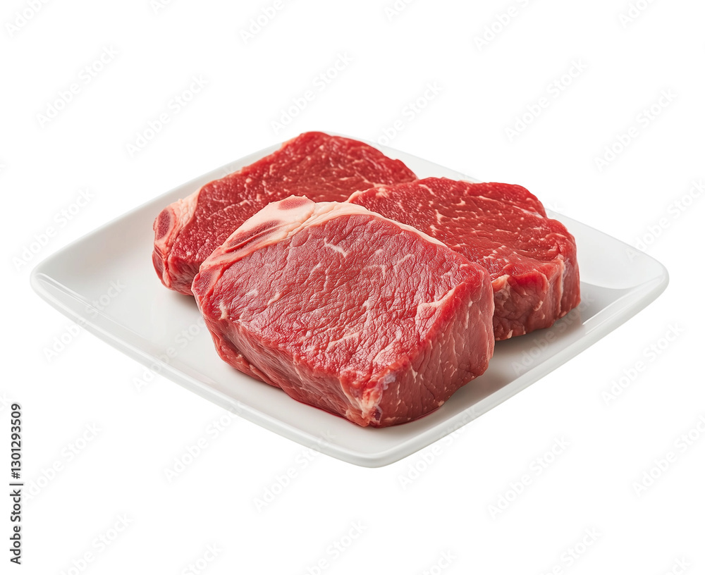 Fresh Raw Beef Steaks on a White Plate Isolated on Transparent Background Fresh Raw Beef Steaks on a White Plate Isolated on Transparent Background