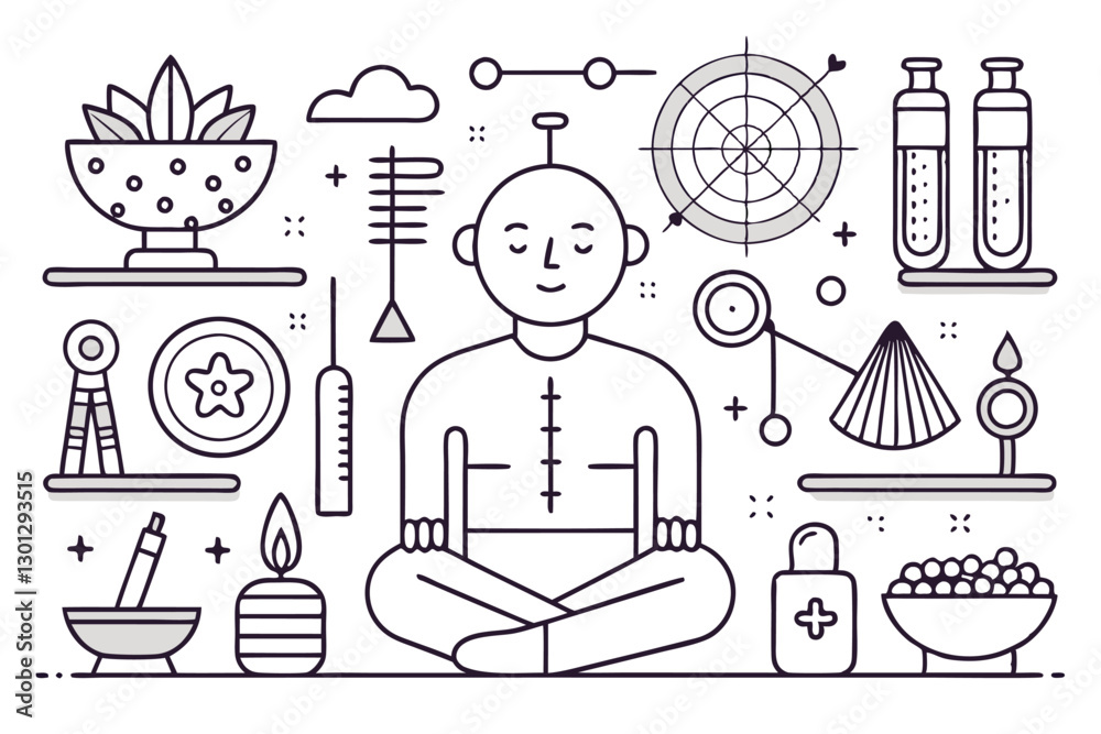 Obraz premium A collection of outlined acupuncture icons illustrating various tools, techniques, and a meditative figure, Outline acupuncture icons set