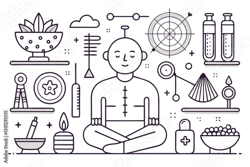 A collection of outlined acupuncture icons illustrating various tools, techniques, and a meditative figure, Outline acupuncture icons set