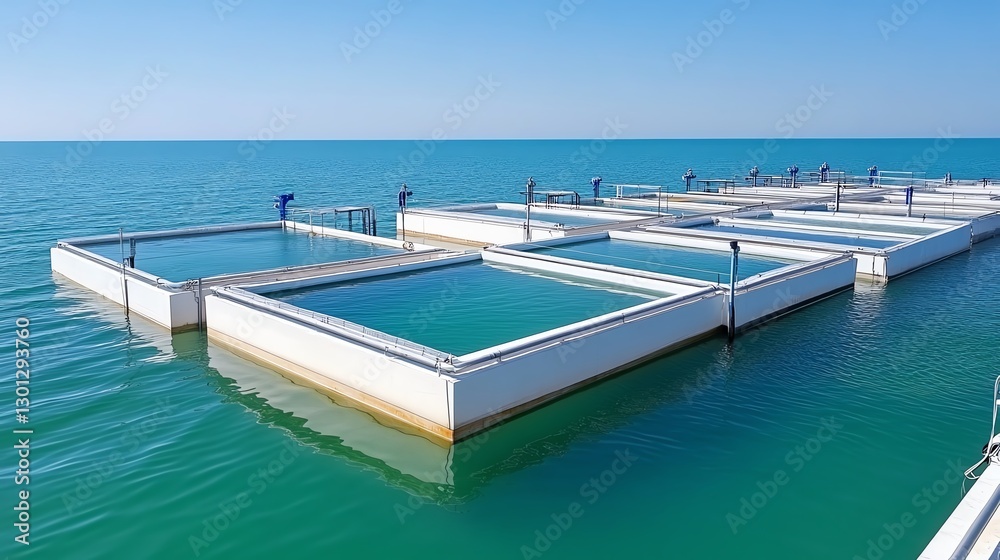 Floating aquaculture tanks on a calm sea, reflecting the blue sky, part of a sustainable fish farming operation. Floating aquaculture tanks on a calm sea, reflecting the blue sky, part of a sustainable fish farming operation.