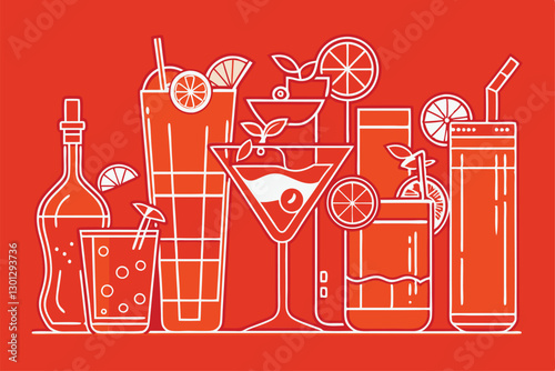 A creative display of outlined cocktail designs featuring diverse alcoholic beverages and garnishes, Outline coctails set, Collection of alcoholic drinks with ice,