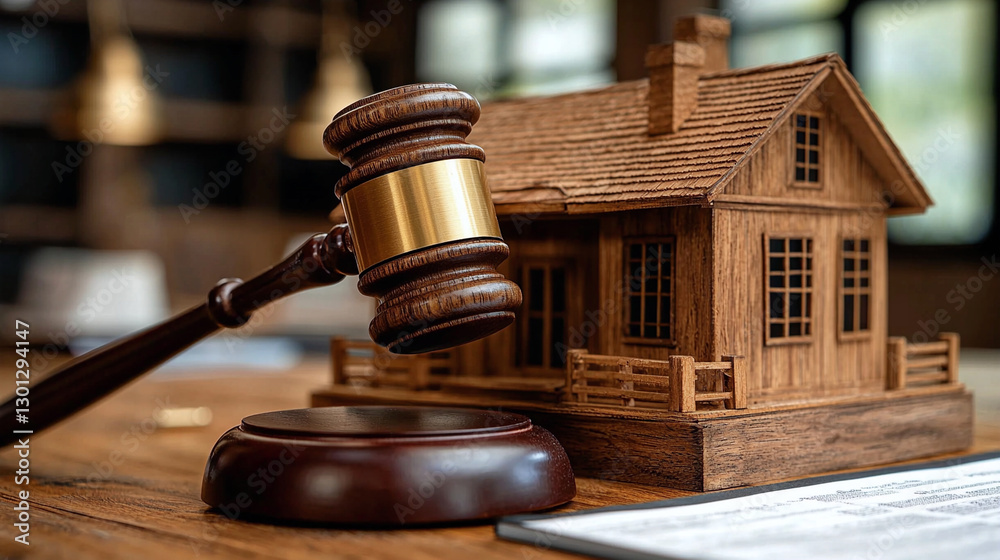 Miniature wooden house with judge gavel on desk in office setting