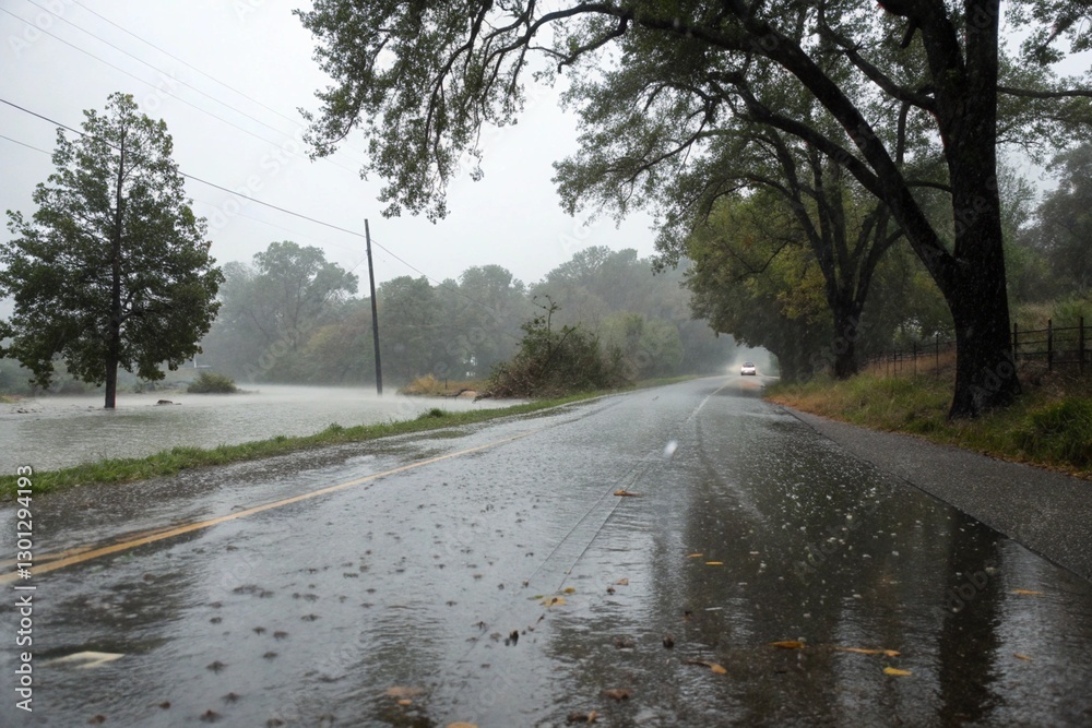Fototapeta premium Rainy road, flood, cars in the water