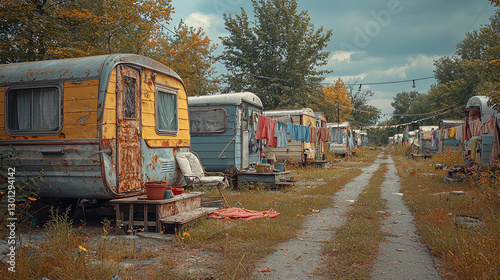 Row of weathered caravans with hanging laundry in autumn trailer park