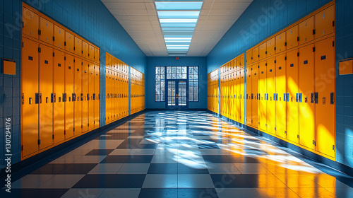 Empty school hallway with bright orange lockers and checkered floor