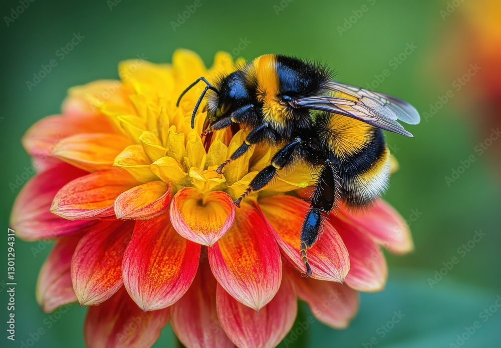 Close-Up of Bumblebee Pollinating Brightly Colored Dahlia Flower in Garden Setting on a Sunny Day Close-Up of Bumblebee Pollinating Brightly Colored Dahlia Flower in Garden Setting on a Sunny Day