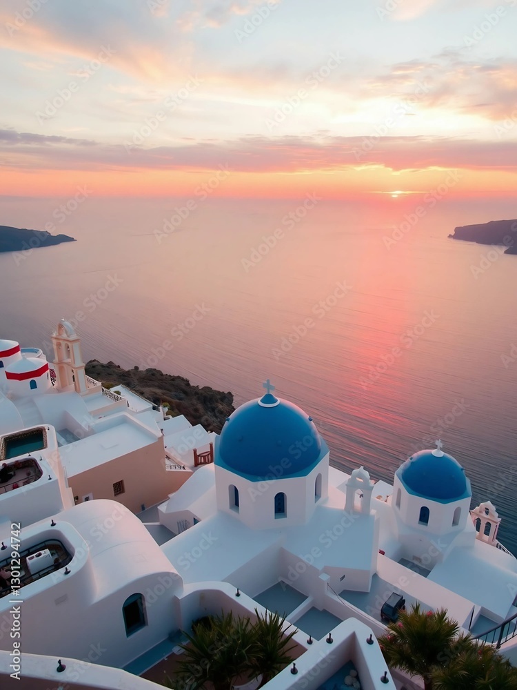 Fototapeta premium An enchanting sunset view highlighting the beauty of Santorini's coastal landscape and architectural charm.