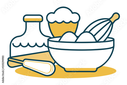 Eggs are being mixed in a bowl to prepare dough for baking muffins, pies, and cookies, Outline dough for muffins, pie or cookies from eggs and milk, butter and flour