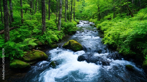 Serene Forest Stream - A tranquil stream flows through a lush green forest, surrounded by vibrant vegetation and mossy rocks