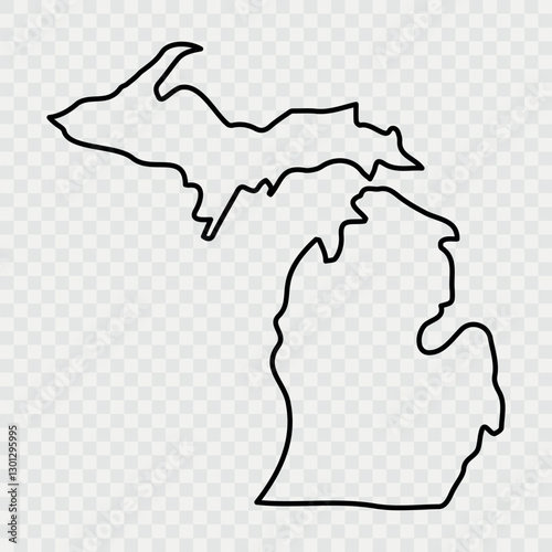 Michigan state silhouette, line style. America illustration, American vector outline isolated on background. Michigan Map Black, State Border | United States | US America | Transparent Isolated 