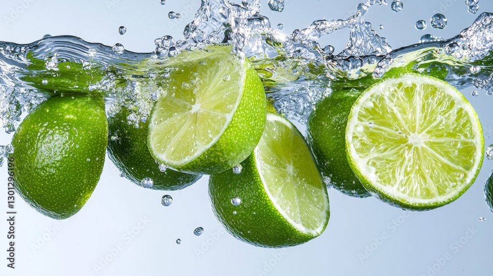 Fresh Lime Slices Splashing and Falling into Clear Water with Bubbles and Reflections Captured in High Definition Under Natural Light Fresh Lime Slices Splashing and Falling into Clear Water with Bubbles and Reflections Captured in High Definition Under Natural Light