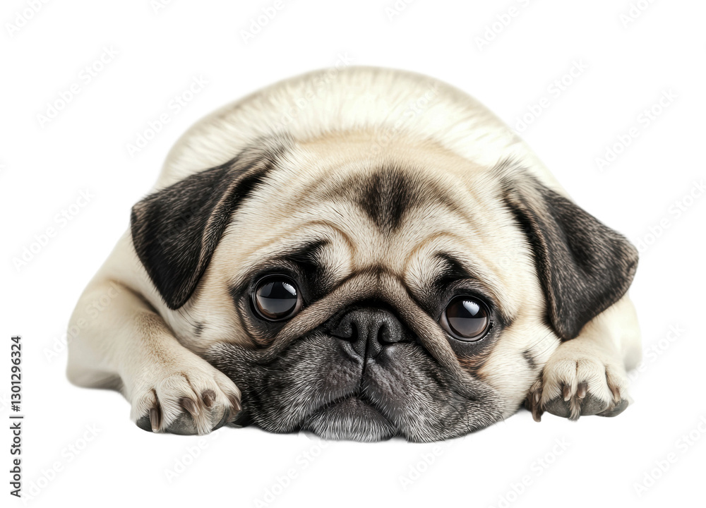 Obraz premium Pug resting peacefully with a longing expression on a clean surface, ideal for pet lovers and animal enthusiasts in creative projects, cut out