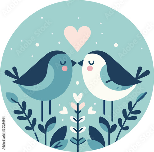 A romantic illustration of two blue lovebirds touching beaks with a heart floating above, surrounded by leaves, symbolizing love and harmony.  
