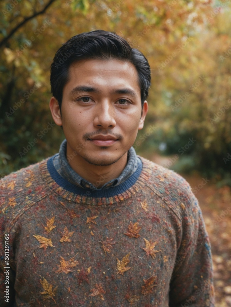Southeast Asian Man on Autumn Trail with Vibrant Foliage, Cozy Sweater and Nature Connection Southeast Asian Man on Autumn Trail with Vibrant Foliage, Cozy Sweater and Nature Connection