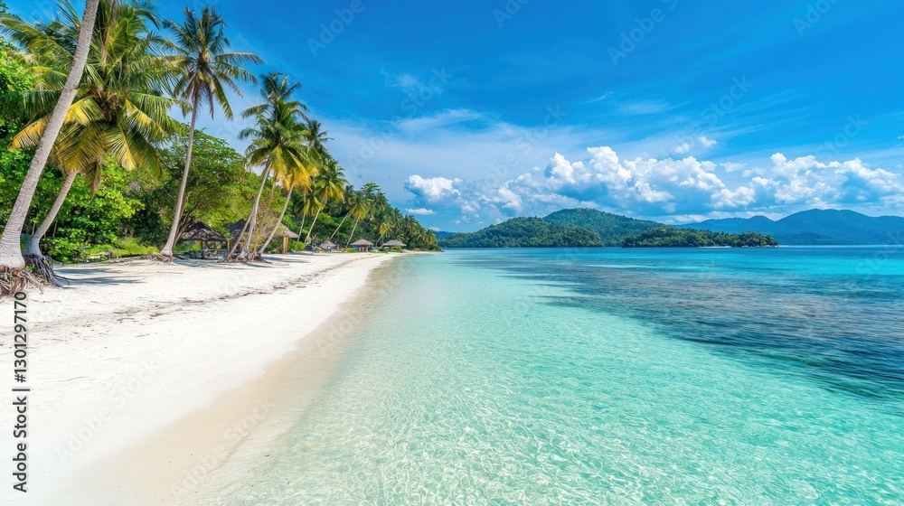 Fototapeta premium Tropical Paradise: Idyllic Beach Scene with Crystal Clear Waters and Lush Palm Trees