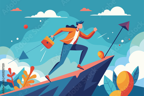 A determined individual ascends a challenging incline, motivated and focused, amidst a vibrant nature backdrop, Overcome Customizable Semi Flat Illustration