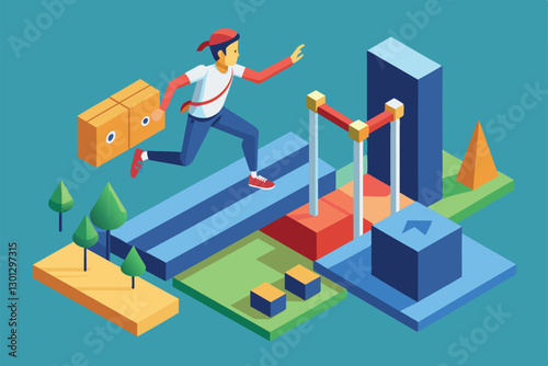 A dynamic figure leaps over barriers while carrying boxes in a vibrant, isometric setting, Overcome Customizable Isometric Illustration