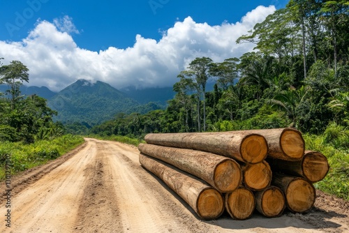 A lush green forest being cleared for industrial purposes, showing deforestation in progress