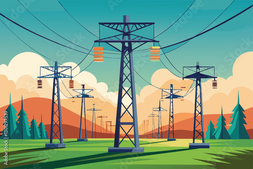 Power lines dominate the landscape with tall towers, set against picturesque mountains and clear skies, Overhead power line concept,