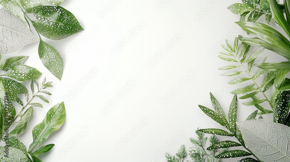 Obraz premium Fresh green leaves with water droplets on white background, creating a natural and refreshing border.