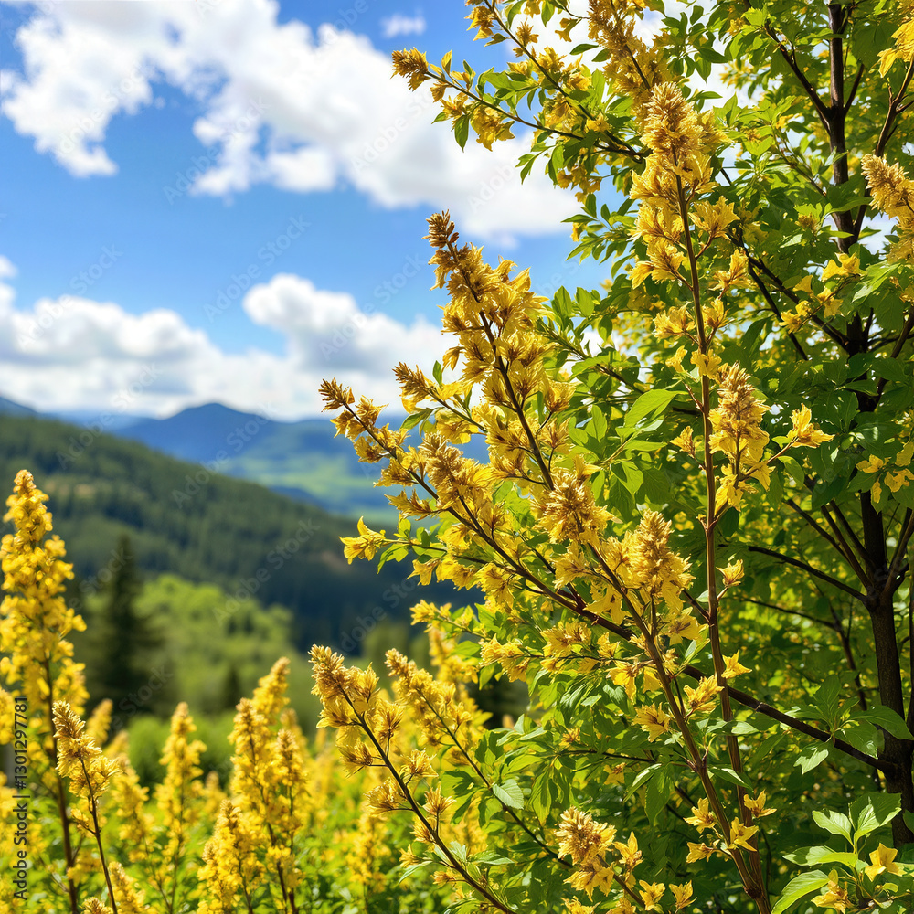 Blooming yellow flowers cascade against backdrop of verdant hills and bright sky, evoking feelings of joy and serenity Blooming yellow flowers cascade against backdrop of verdant hills and bright sky, evoking feelings of joy and serenity