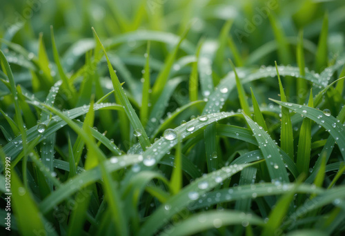 Gotas de rocio sobre el pasto verde photo